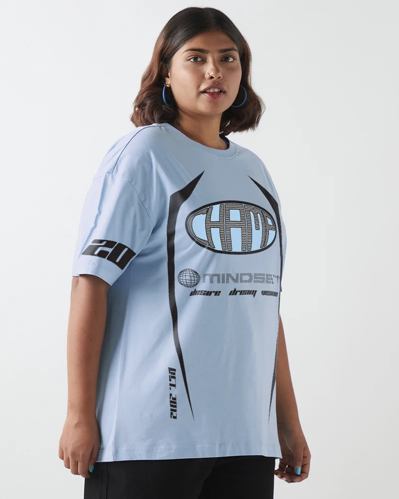 بيواكوف Women's Sky Blue Champ Graphic Printed Oversized Plus Size T-shirt